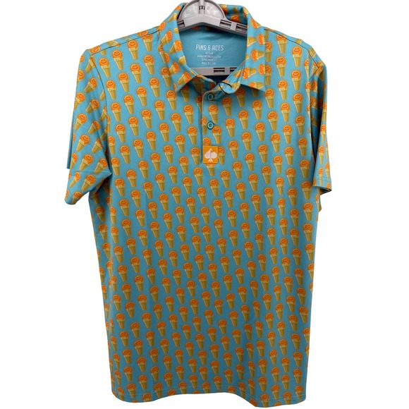 Pins & Aces Other - NEW Pins & Aces Mens Ice Cream Cone Performance Golf Polo Blue Orange Medium NEW
